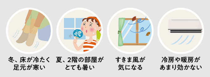 冬、床が冷たく足元が寒い・夏、2階の部屋がとても暑い・すきま風が気になる・冷房や暖房があまり効かない